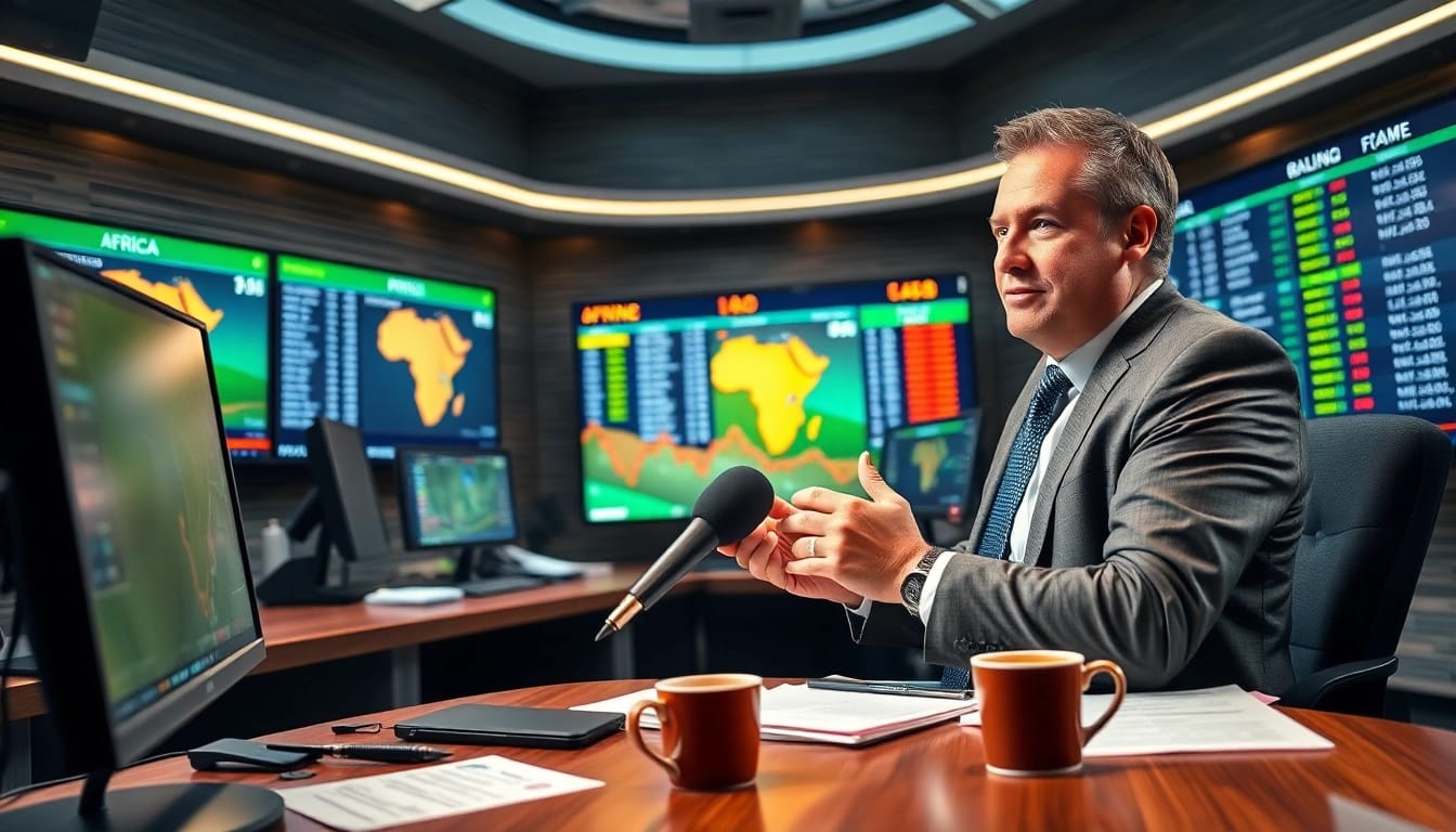Report on Africa gambling news with a journalist in a dynamic newsroom setting.