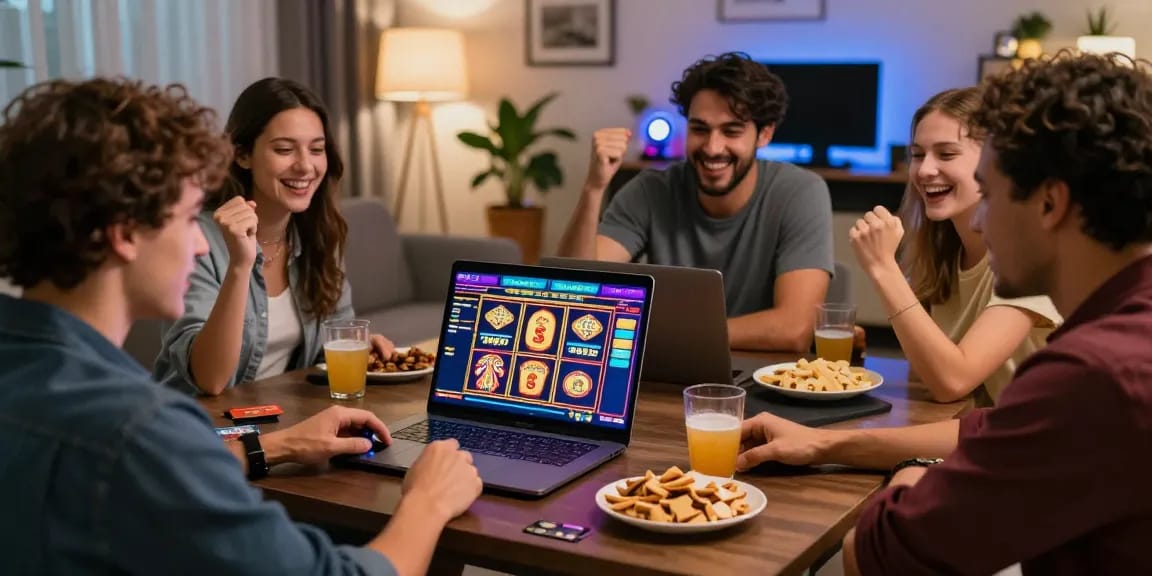 Friends enjoying online gaming at scoarch.org.uk credit card casino, celebrating wins in a lively home atmosphere.