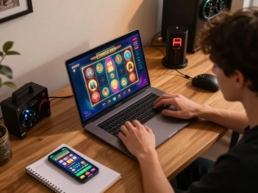 Pemain Bintangmpo menikmati permainan slot online dari kantor rumah yang stylish