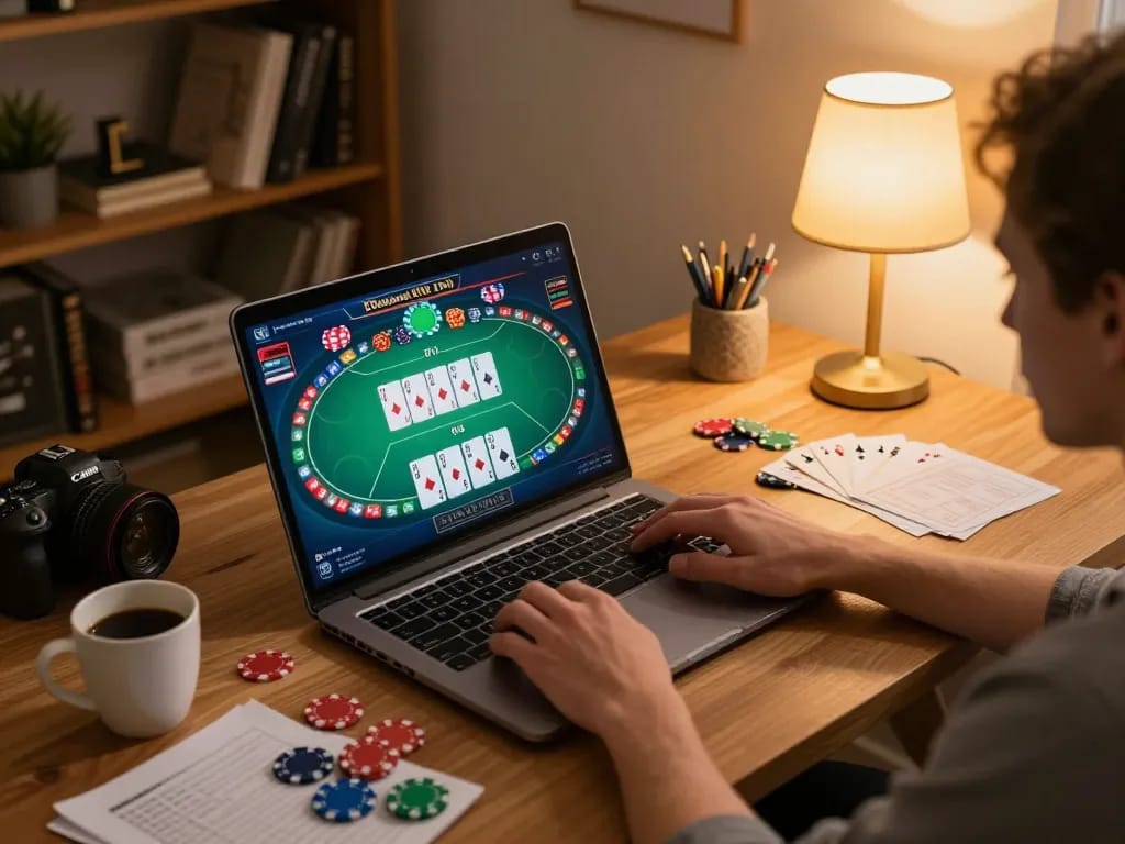 Engaging online poker game at home with au88 gaming platform, inviting atmosphere with strategy notes.