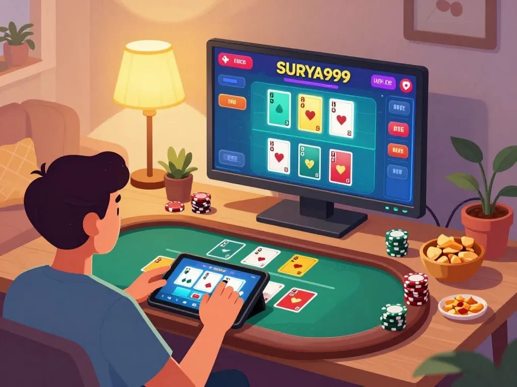 Pemain SURYA999 membuat taruhan pada permainan blackjack dealer langsung di tablet, lingkungan rumah yang nyaman.
