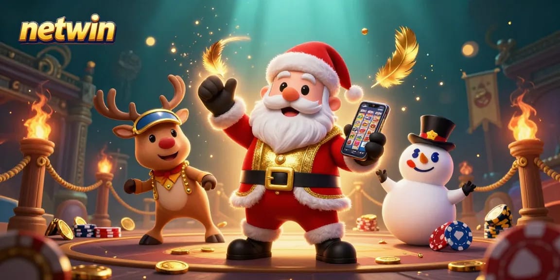 Netwin players enjoying jackpot slots in a vibrant, festive casino atmosphere.