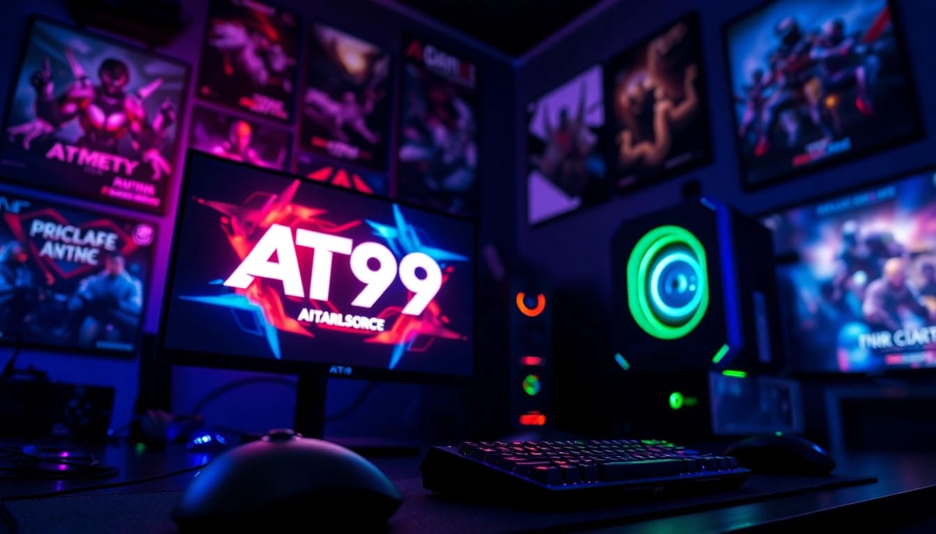 Showcase of AT99娛樂 gaming setup with LED lights and advanced gaming peripherals.