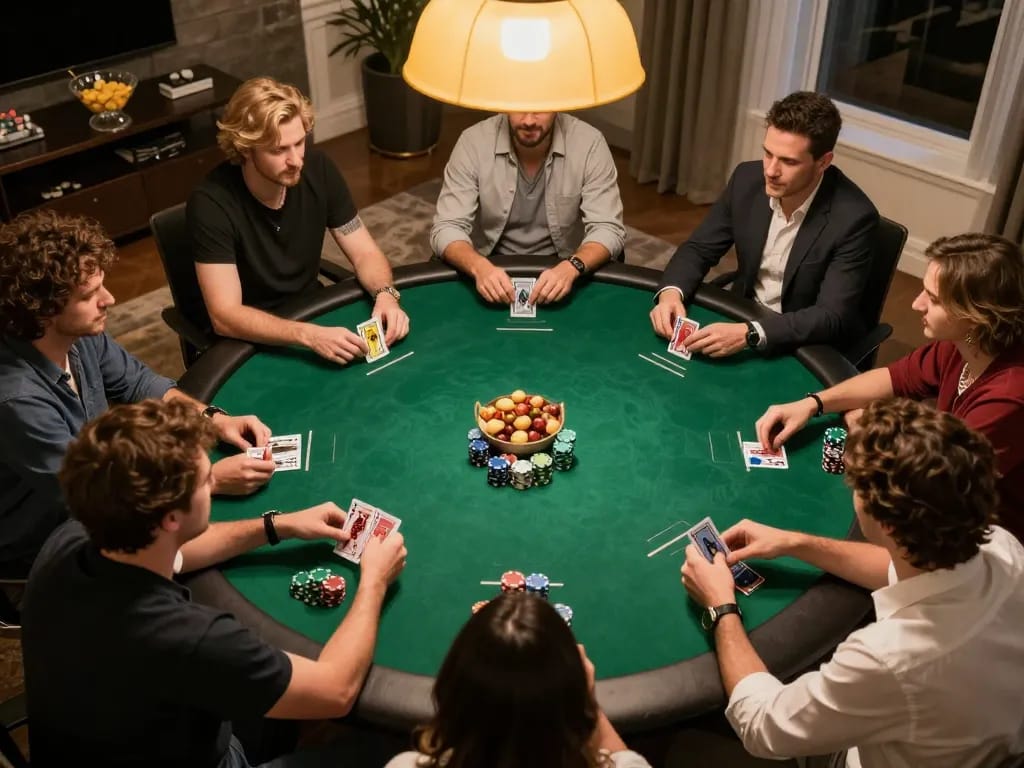 Strategy session for patok bet poker game with friends gathered around a table, showcasing chips and cards.