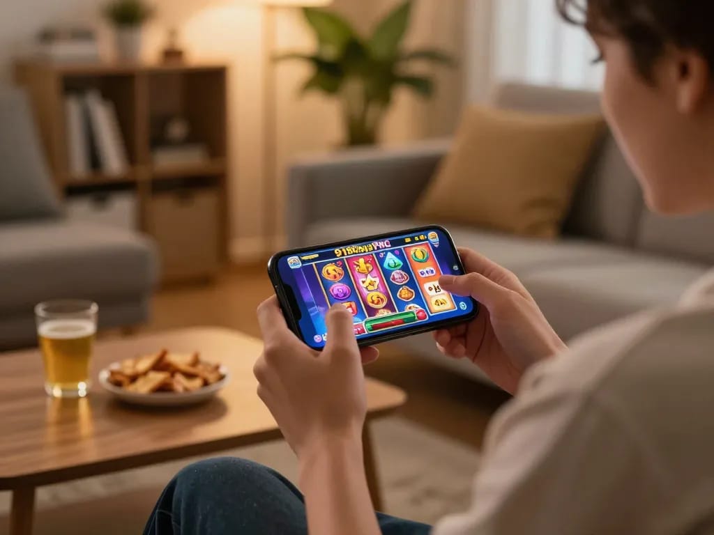 Player enjoys 918Kaya PNG slot games on smartphone in a cozy living room setting.