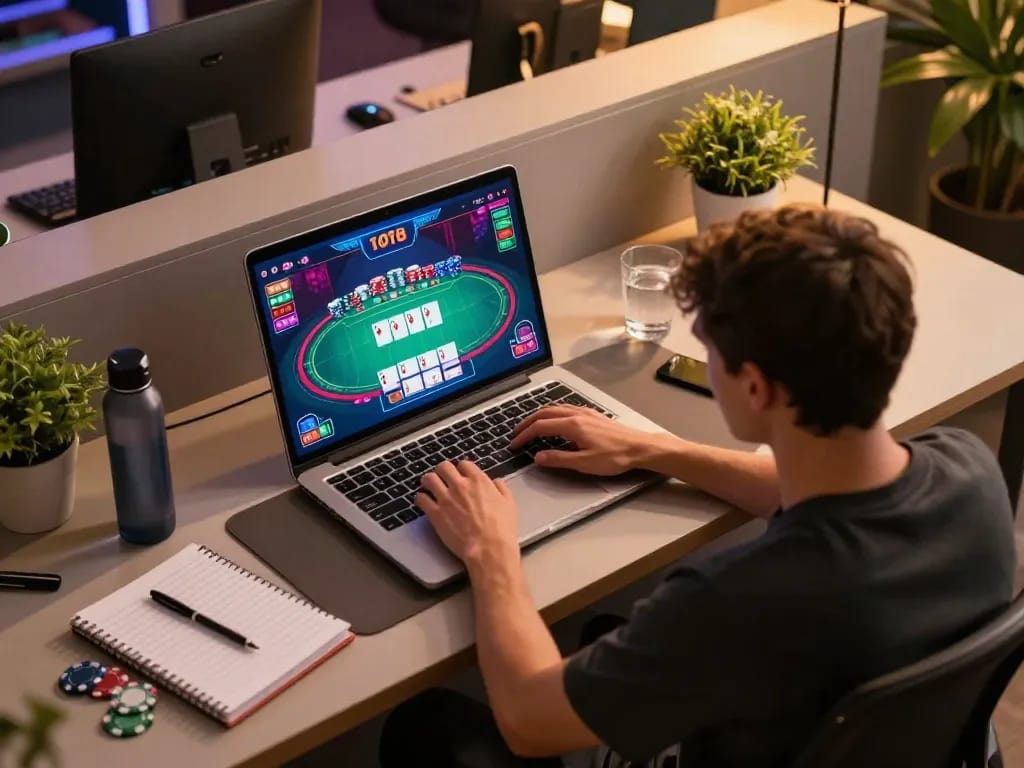 Engaging online poker session on https://rr88.navy/ with dynamic game interface displayed on laptop.