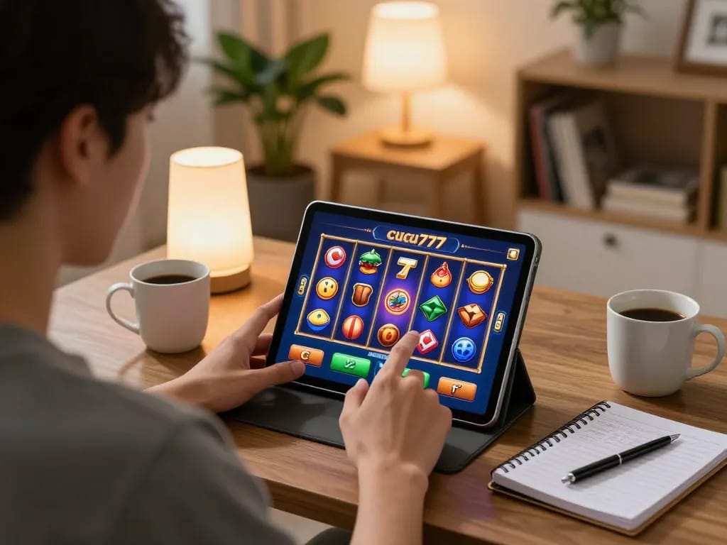 Engaged player enjoying cucu777 online slots on a tablet in a cozy home setting.