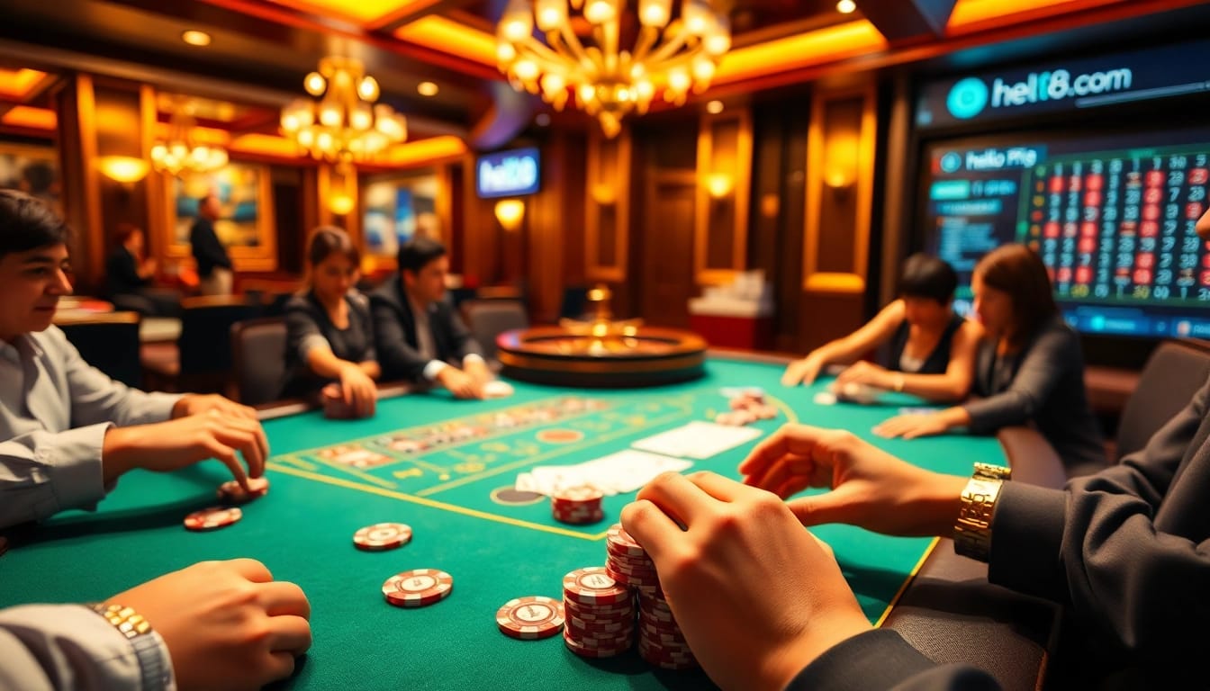 Experience the excitement of betting at hello88's poker table with vibrant chips and cards.
