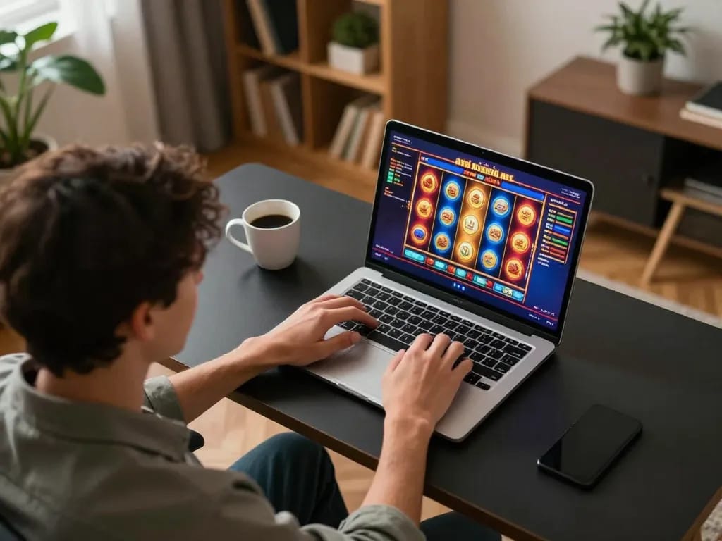 Person enjoying online slots on God55 with cozy home setup and vibrant game interface.