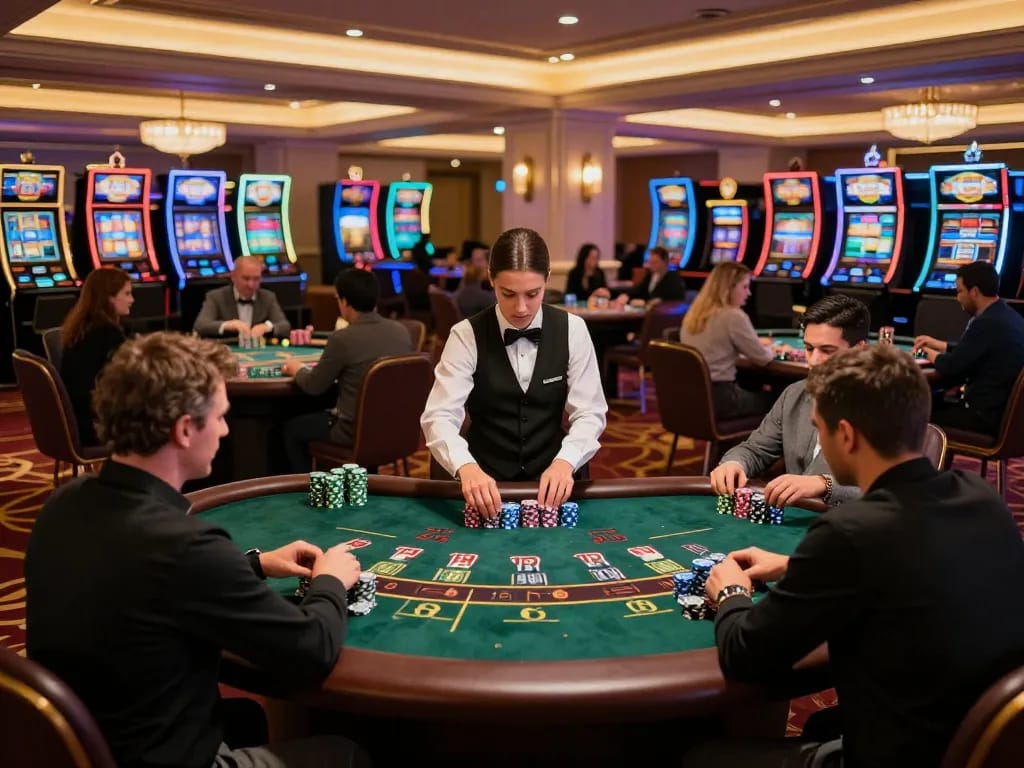 Intense blackjack gameplay at PLANET88 casino with players focused on their cards and chips.