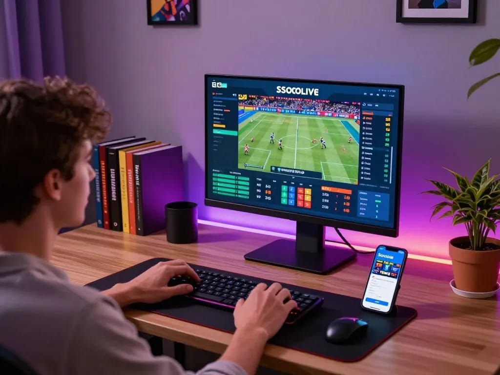 Socolive online sports betting setup with live event display and engaging atmosphere