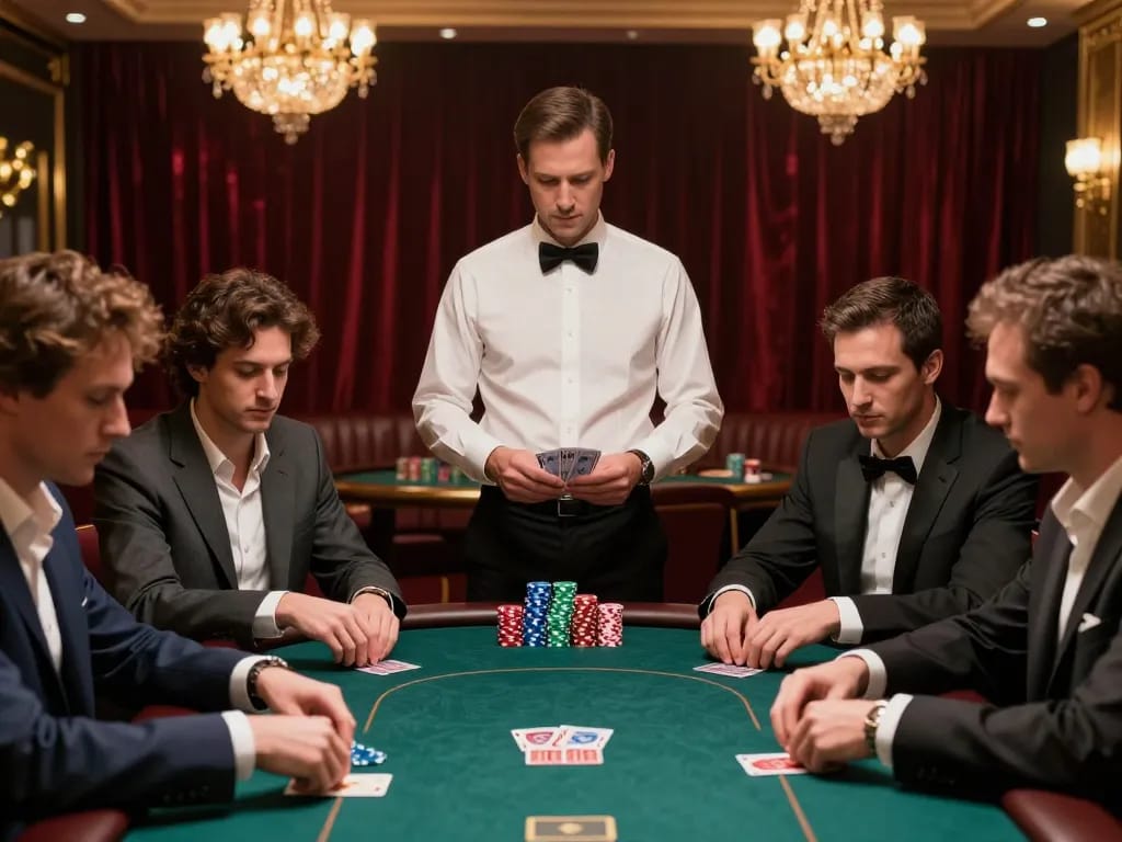 megaplus88 players strategizing high-stakes poker game in an elegant casino setting