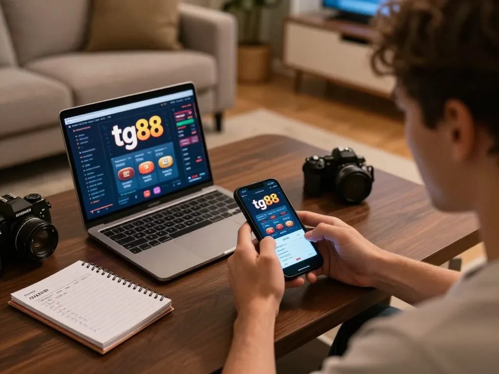 Engaging with tg88 casino app on a smartphone in a stylish home gaming setup.
