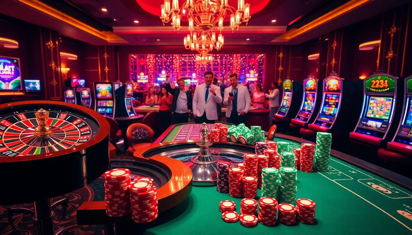 Engage in thrilling casino fun at e2bet with vibrant roulette and colorful poker chips.