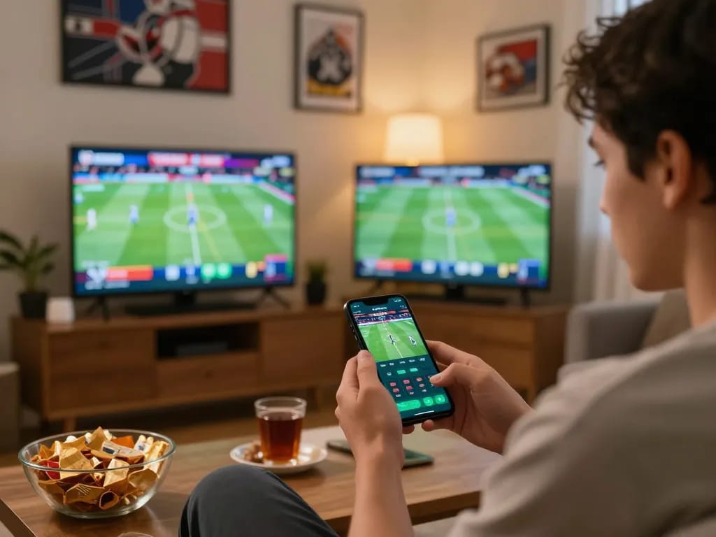 Engaging in live betting on Bsport app during a thrilling sports event at home.