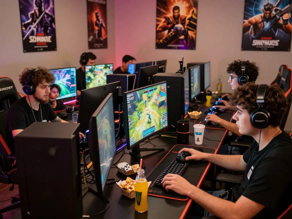 Multiplayer gaming session featuring players engaged in intense competition with mpi2121 gaming setups.