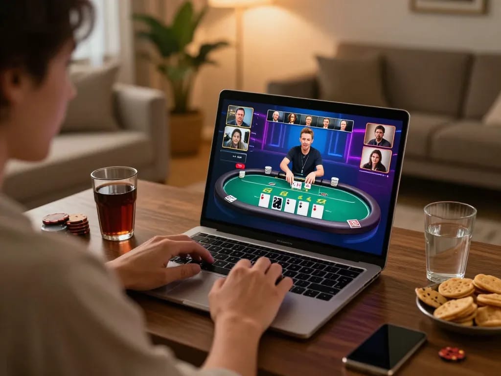Player enjoying NK88 online casino games from home with lively virtual dealer action