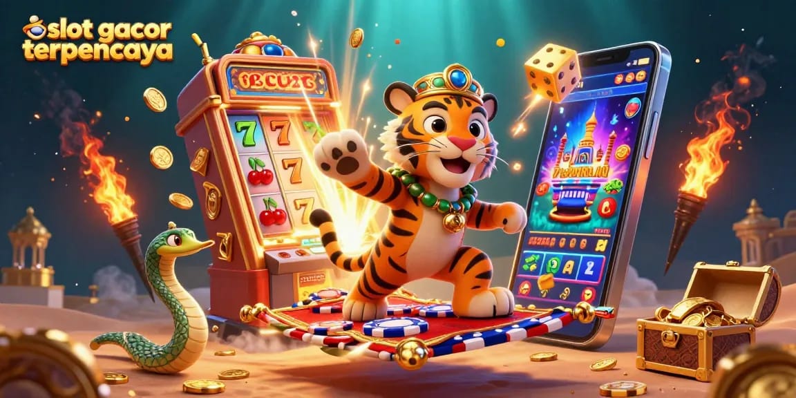 Engage with slot gacor terpercaya featuring a tiger sultan and jackpot explosions in a vibrant 3D casino scene.