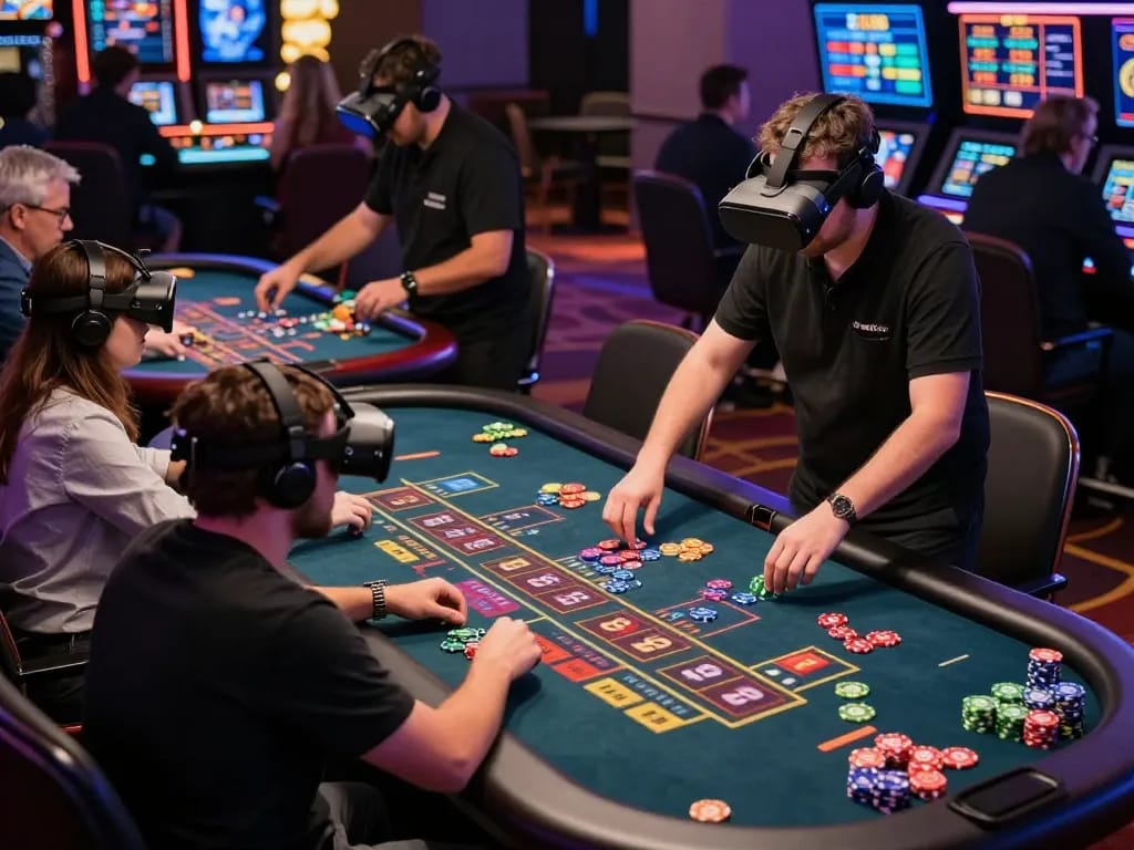 PH22 players engaging with 3D live casino tables under vibrant lights, enhancing immersive gaming experience