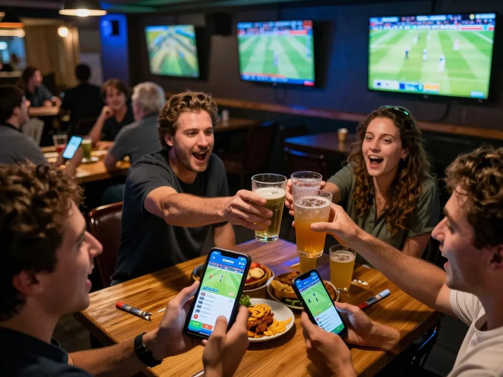 Crickex app in use as bettors engage with live cricket action in a vibrant sports bar atmosphere