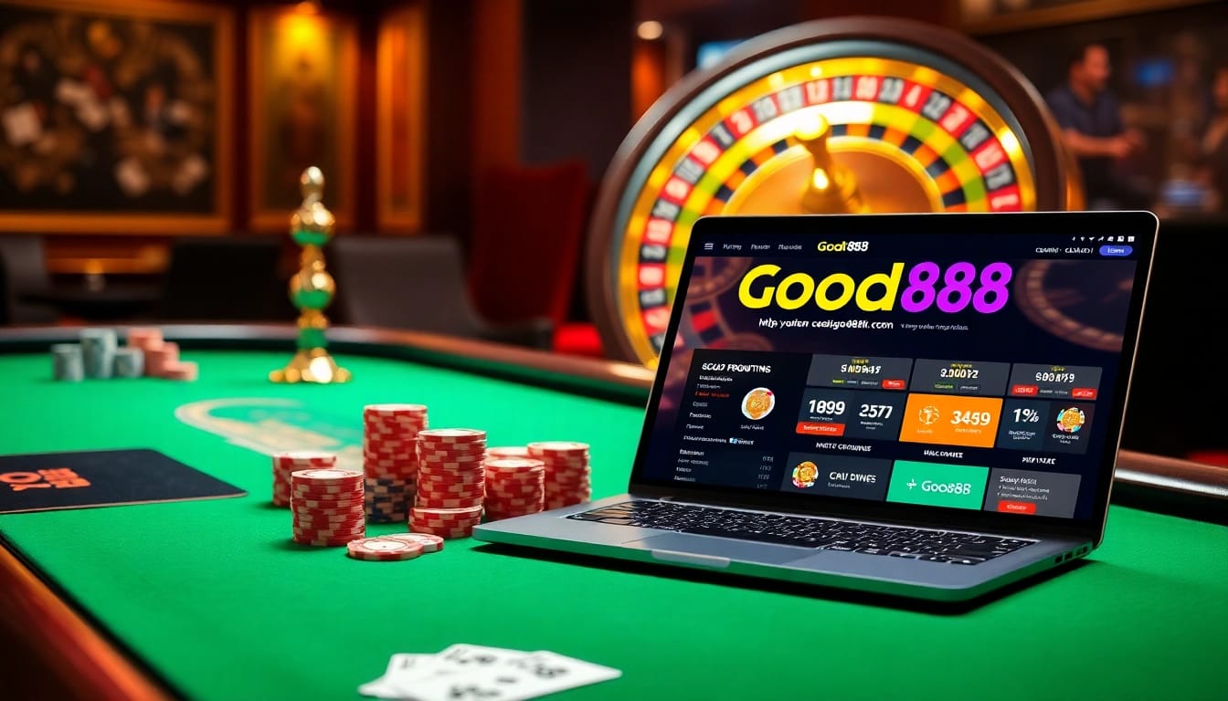 Engage with the dazzling atmosphere of online gambling at https://good88k.co/ with vibrant poker chips and an exciting roulette wheel.