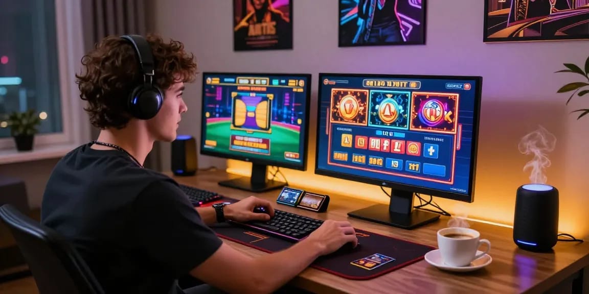 Player enjoying credit card casinos at home with multiple screens of vibrant games.