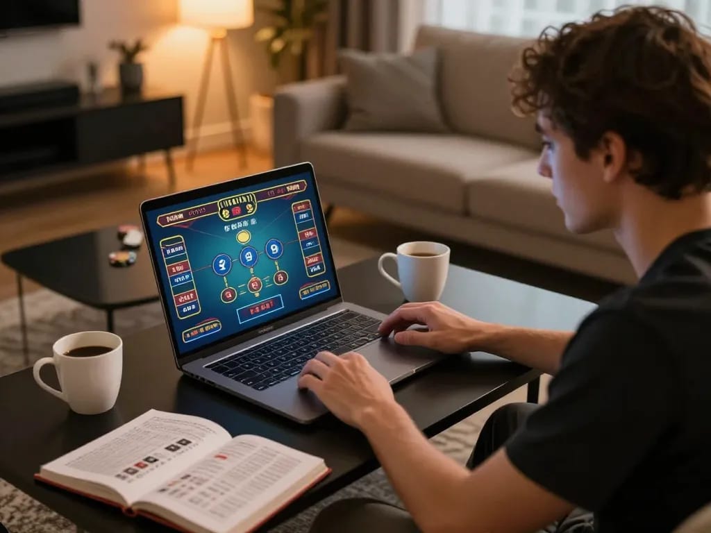 Player enjoys bonus new member offer while engaging in live dealer game on a laptop at home.