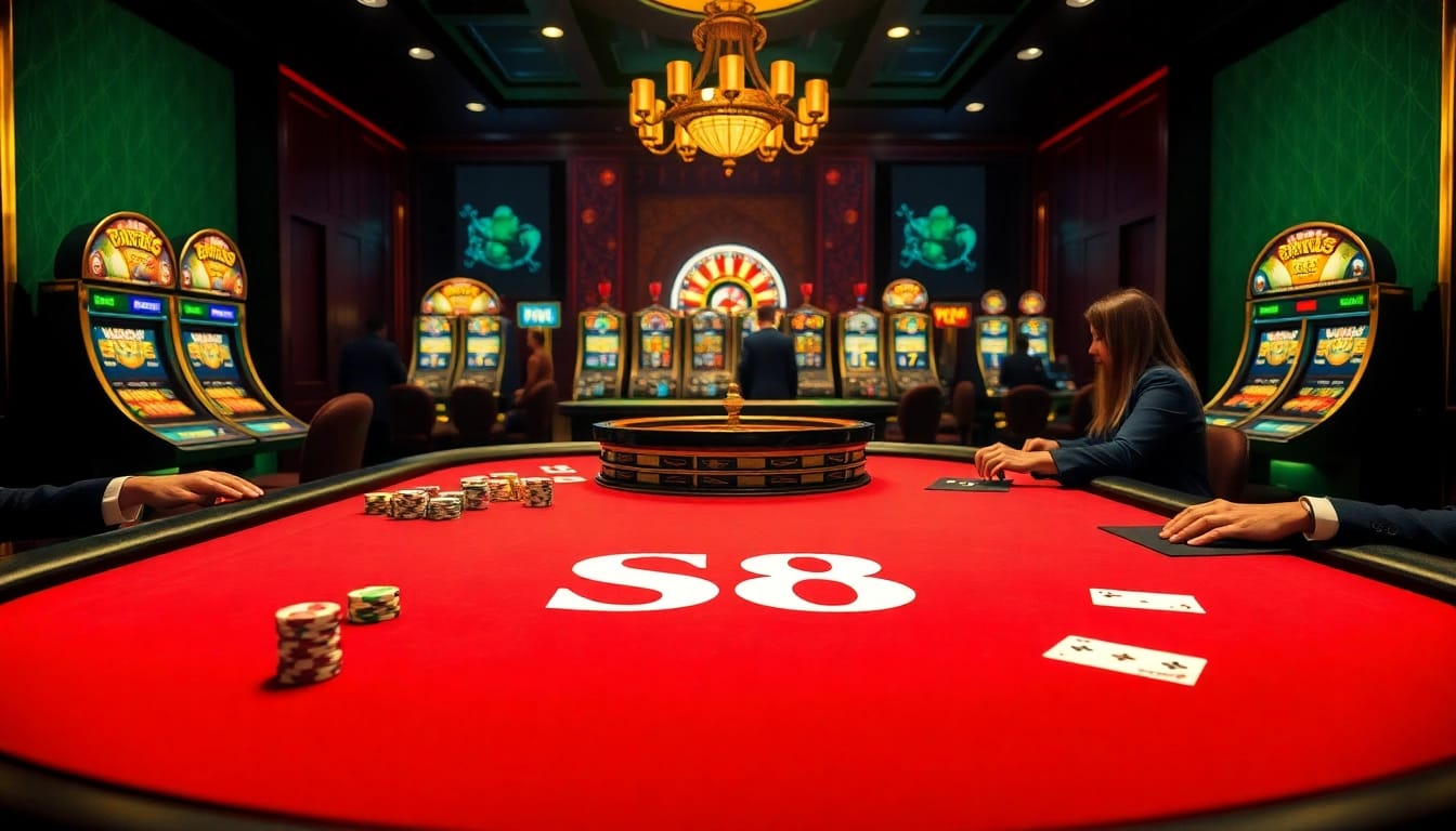 S8 casino highlights exciting poker action with colorful chips and cards on a luxurious table.