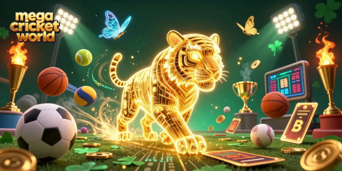 Experience thrilling bets at mega cricket world with dynamic sports elements in a vibrant 3D casino scene.