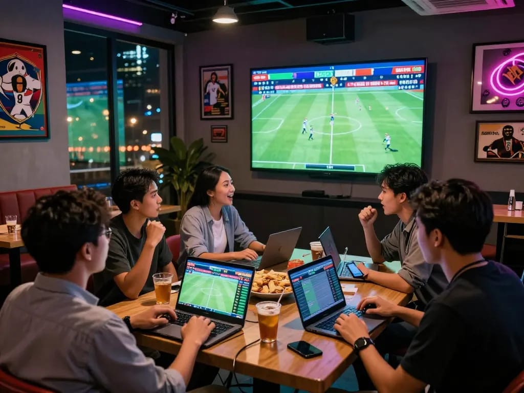 Friends engaging in kèo nhà cái betting strategies at a lively sports lounge.