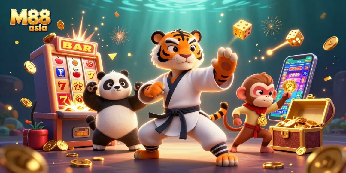 Experience the excitement of M88 asia with a lively 3D illustration featuring a kung fu tiger, panda, and monkey amidst vibrant casino elements.