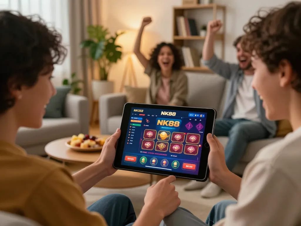 Player engaging with NK88 online casino on tablet in comfort of home