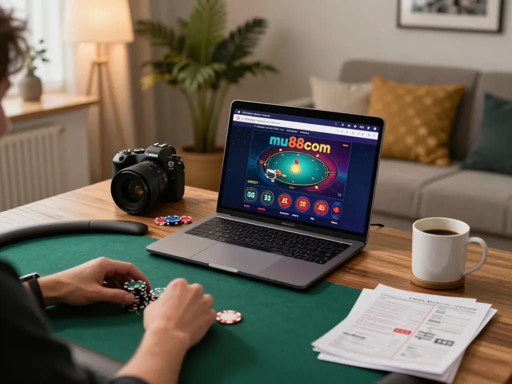 Person engaged in online poker on mu88com's platform at home, showcasing responsible gambling.