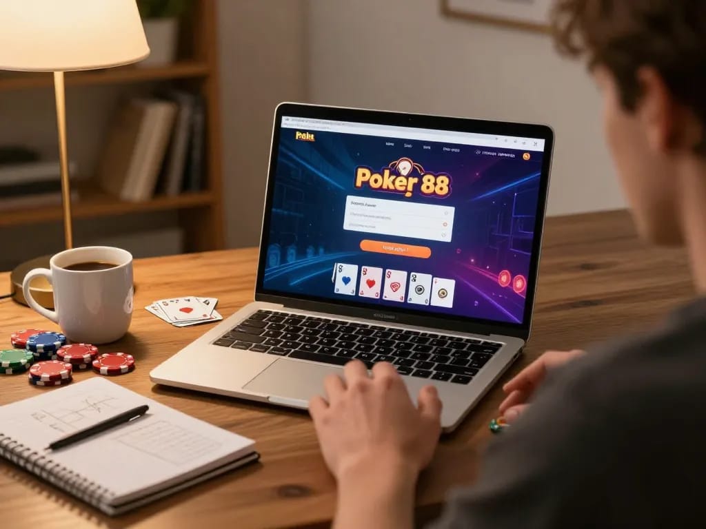 Engaging player using Poker 88 Login on laptop for strategic online poker session.
