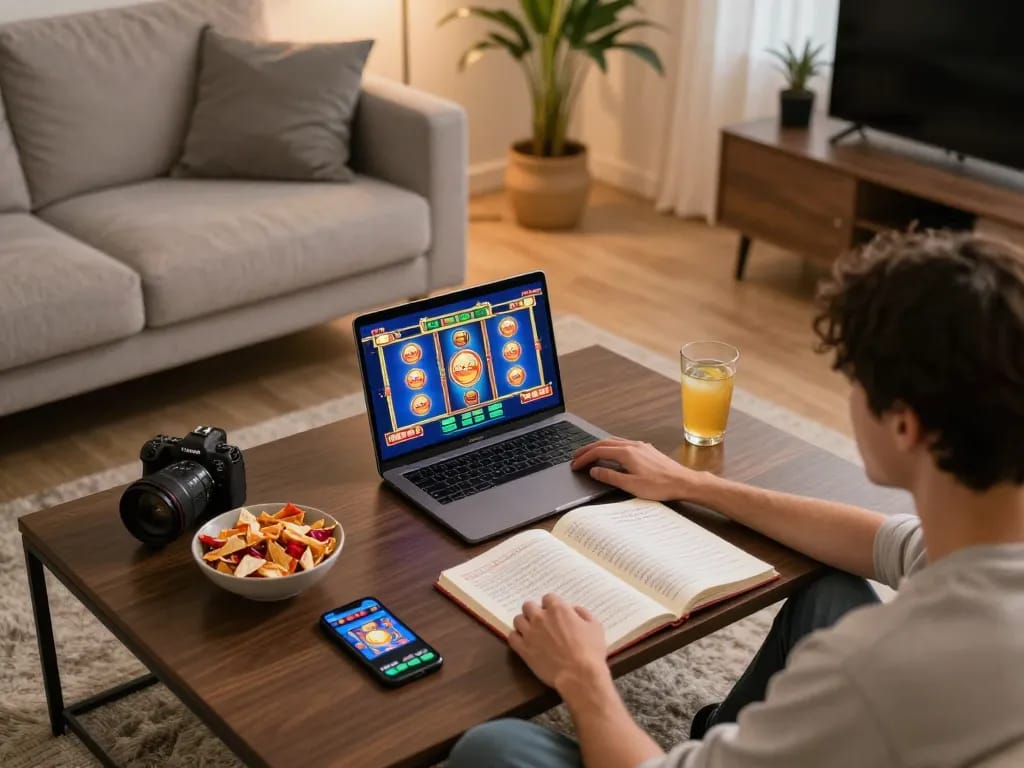 Engaging in Canada online casinos gaming with a vibrant slot game displayed on a laptop