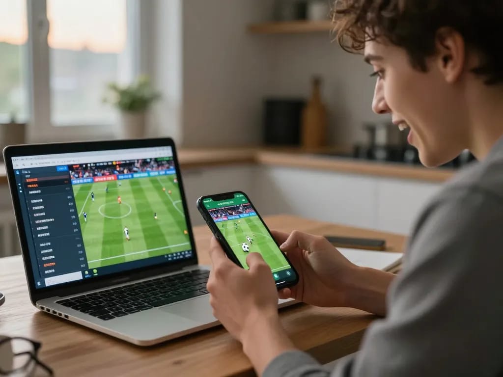SV368 user placing live sports bets on mobile app during an intense football match.