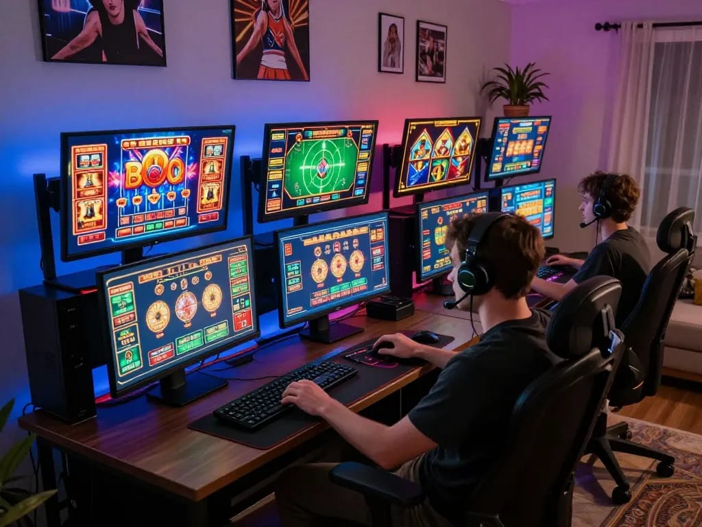 LIGA2000 gaming experience shown with vibrant casino games on multiple screens in a dedicated online gaming setup.