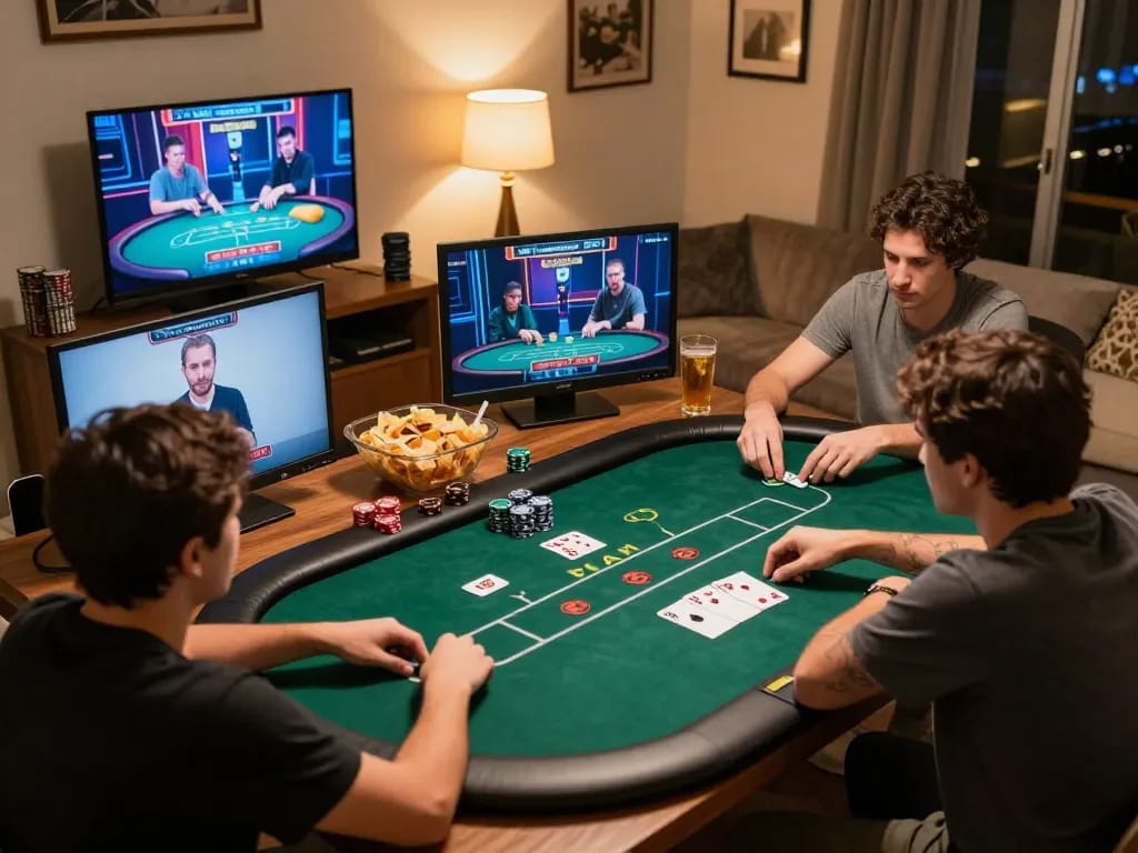 Thebigbearbutt bermain poker online di rumah, menunjukkan strategi yang fokus dan suasana yang nyaman.