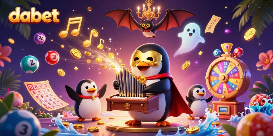 Win big with dabet as the animated phantom penguin plays a golden organ amidst vibrant casino elements.