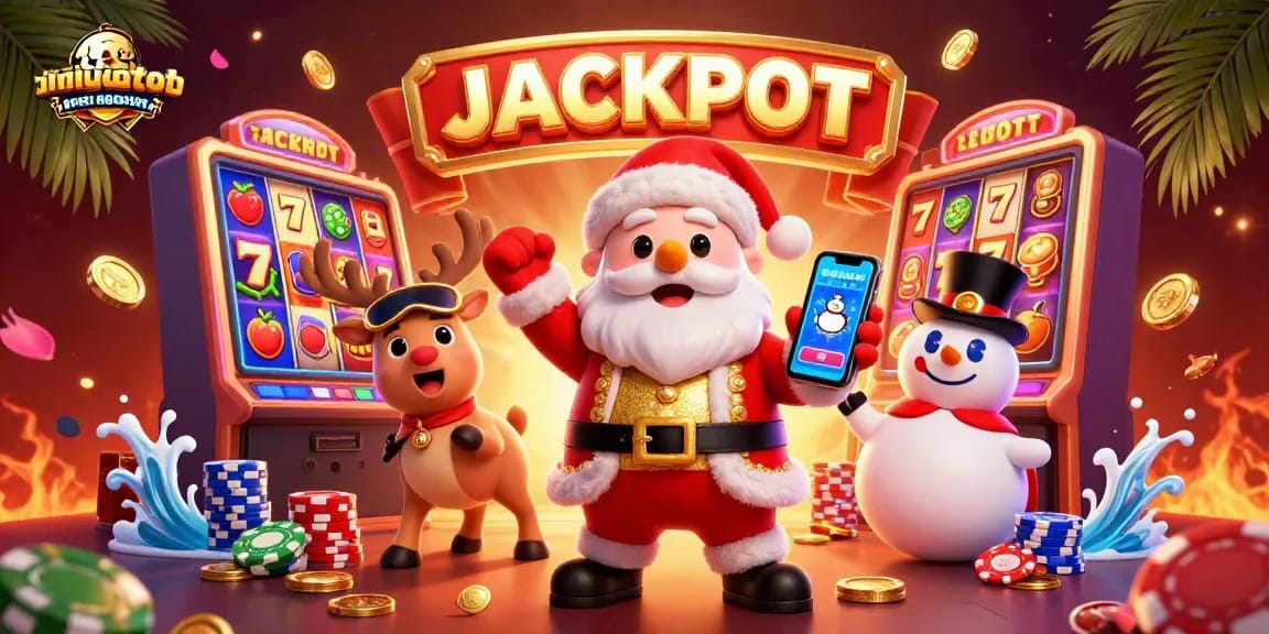 Sriwijayatoto showcases a lively 3D scene with cartoon characters celebrating jackpot wins at a slot machine.