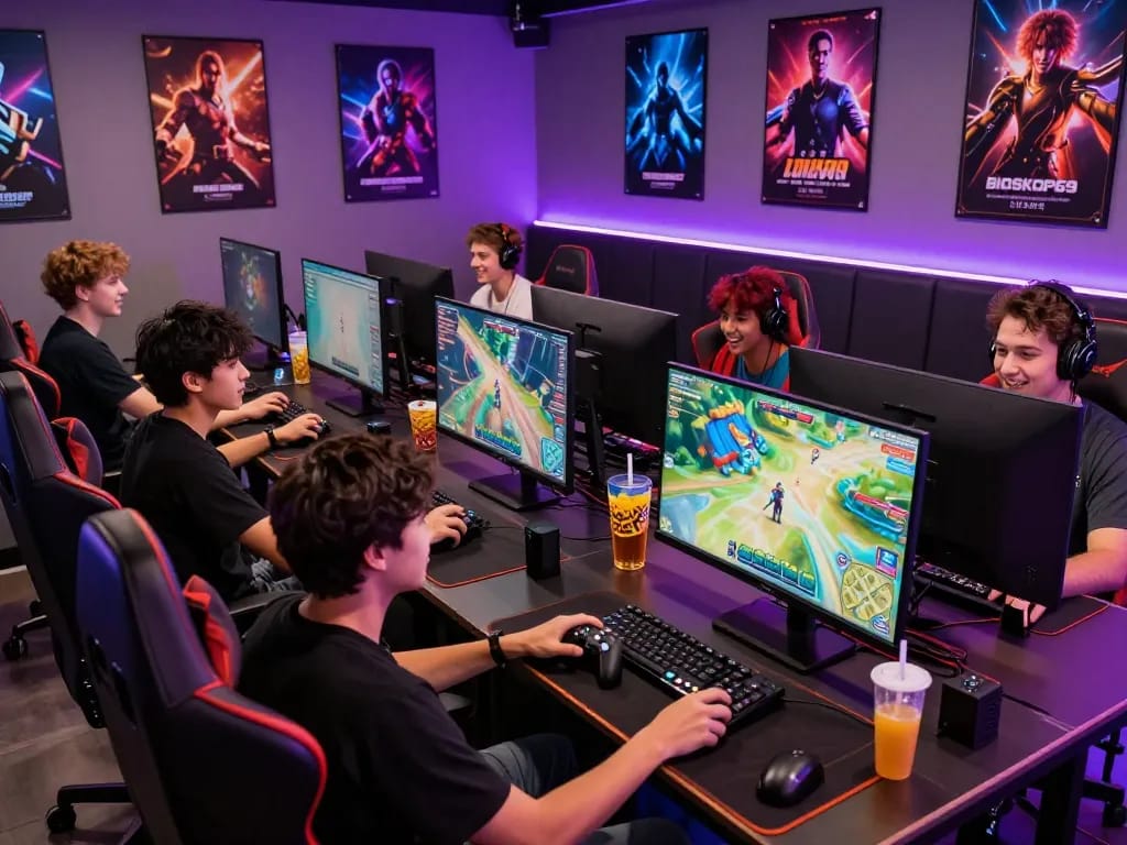Gamers enjoying interactive experiences at BIOSKOP69 in a vibrant gaming lounge.