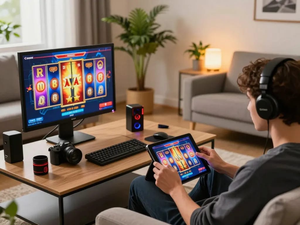 Engaging gameplay on tablet for m100 slot games in a cozy living room setting.