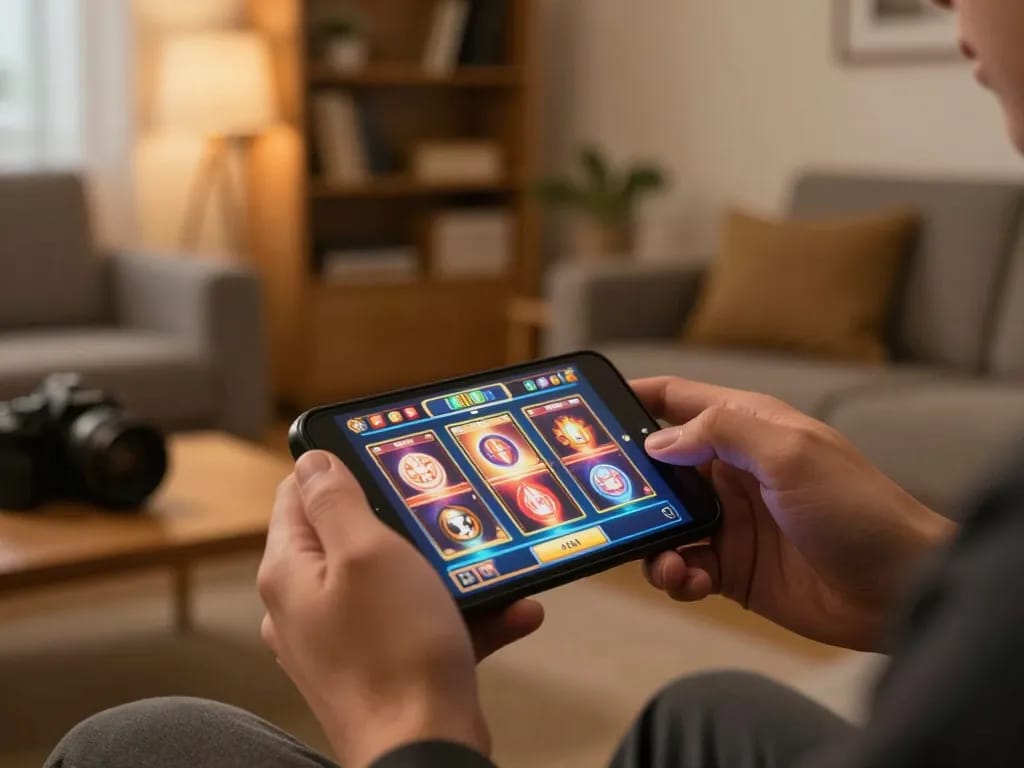 Engaging in mobile gambling with the upintogel slots on a smartphone in a cozy living room setting.