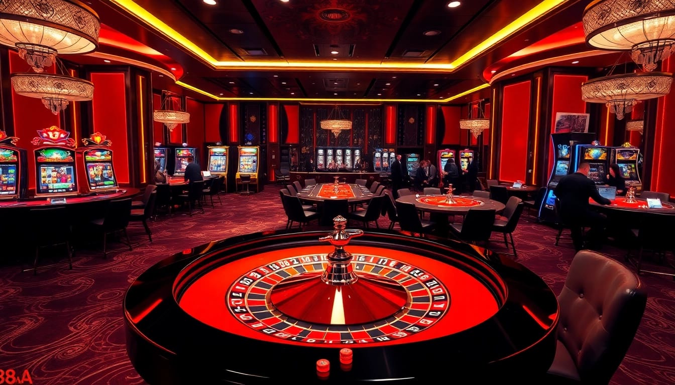 A vibrant casino scene showcasing 88aa's exciting gaming experience with roulette, poker, and slot machines.