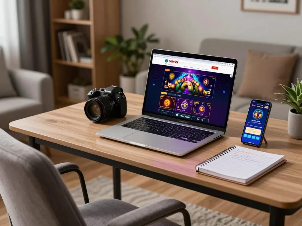 Experience MM99 online gaming with a stylish setup showcasing laptop and strategy notes as key elements.