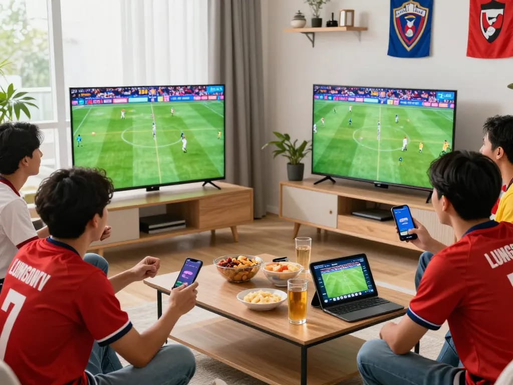 Fans enjoying a thrilling match on luongsontv in a vibrant living room with team jerseys and snacks.