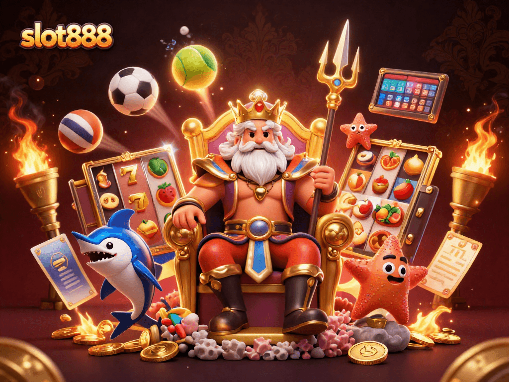Slot888 menampilkan raja laut di kasino penuh simbol, tumpukan koin, dan pencahayaan dramatis.
