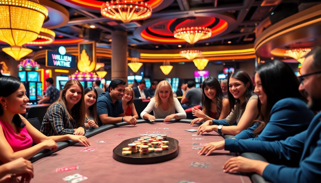 Players enjoying the best online casino games at a glamorous gaming table filled with colorful chips.