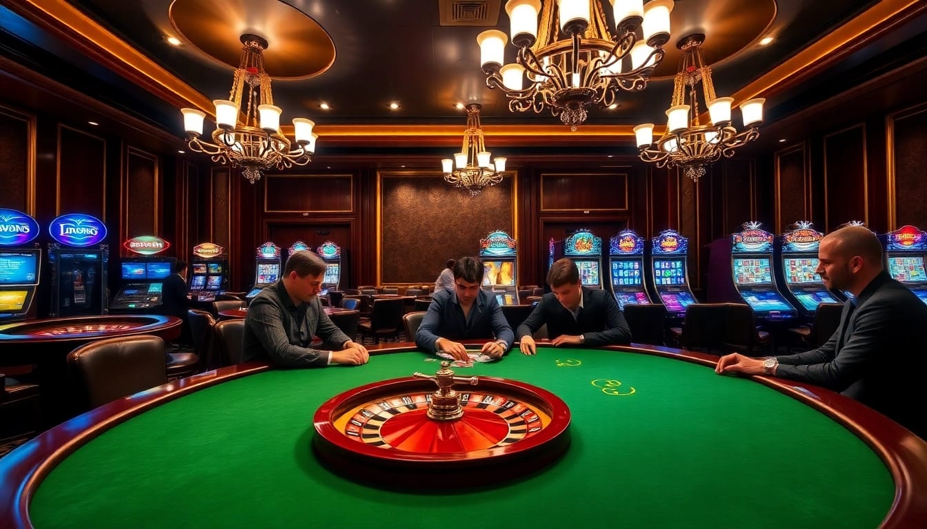 Engage in high-stakes poker at SX88 casino with vibrant slot machines and electric atmosphere.