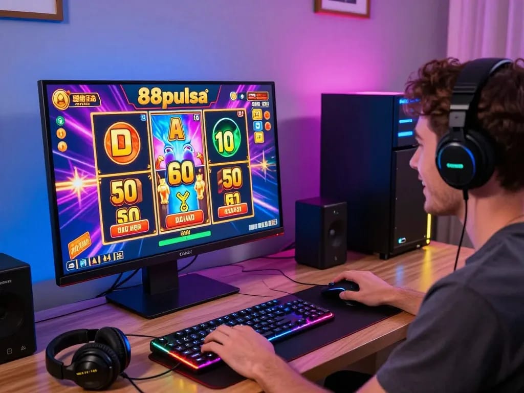 Exciting gaming scene showcasing a player enjoying 88pulsa's innovative online slots with vibrant graphics and modern gaming setup.